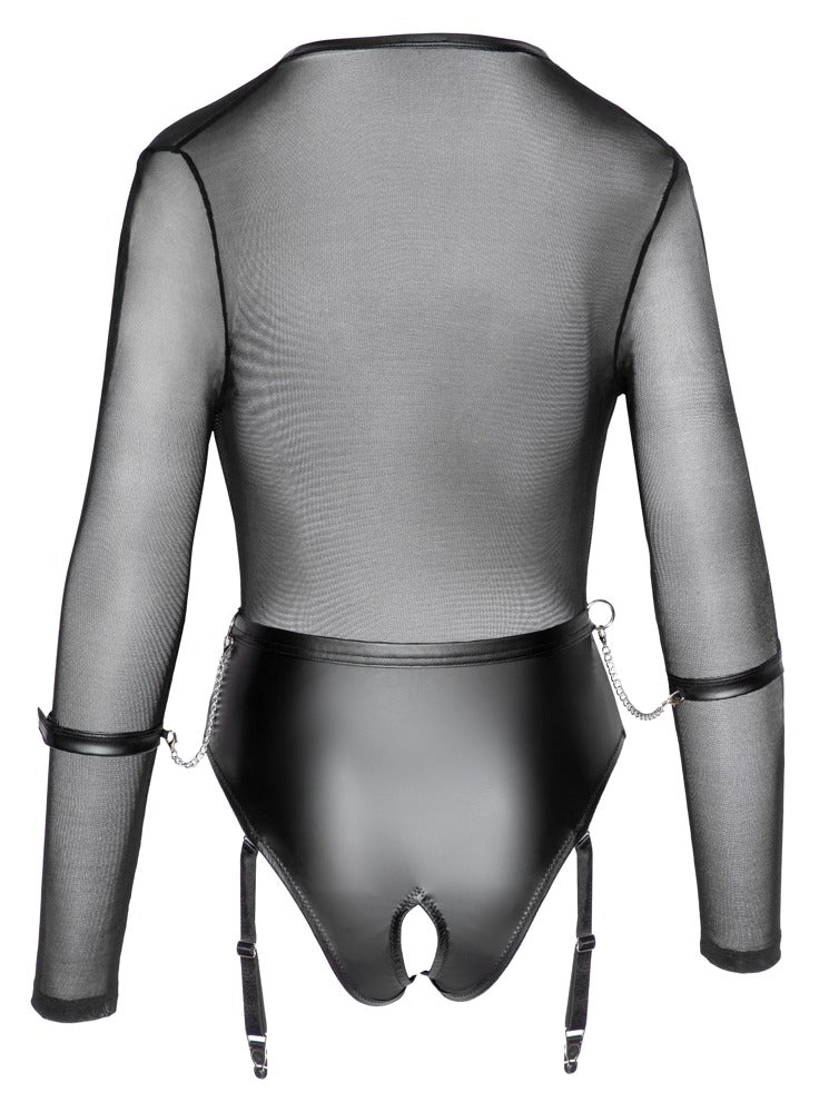 Cottelli Langarm-Bondage-Body mit abnehmbaren Strapsen und Handfesseln