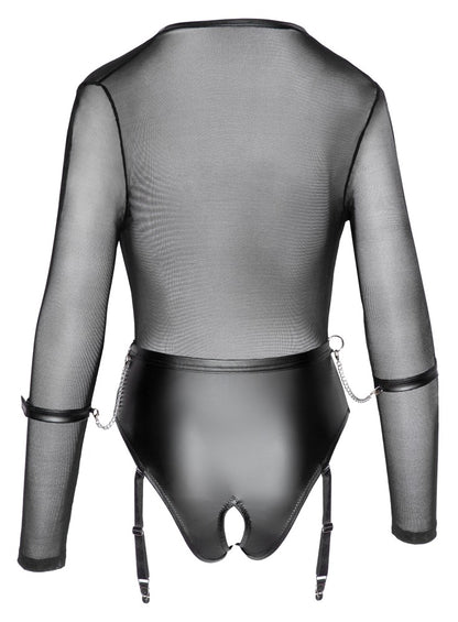 Cottelli Langarm-Bondage-Body mit abnehmbaren Strapsen und Handfesseln
