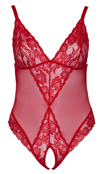 Cottelli Body aus Powernet mit Spitzen-Einsätzen, ouvert, Rot