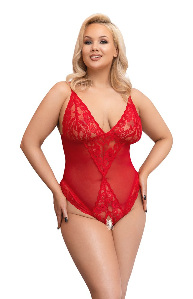 Cottelli Body aus Powernet mit Spitzen-Einsätzen, ouvert, Rot
