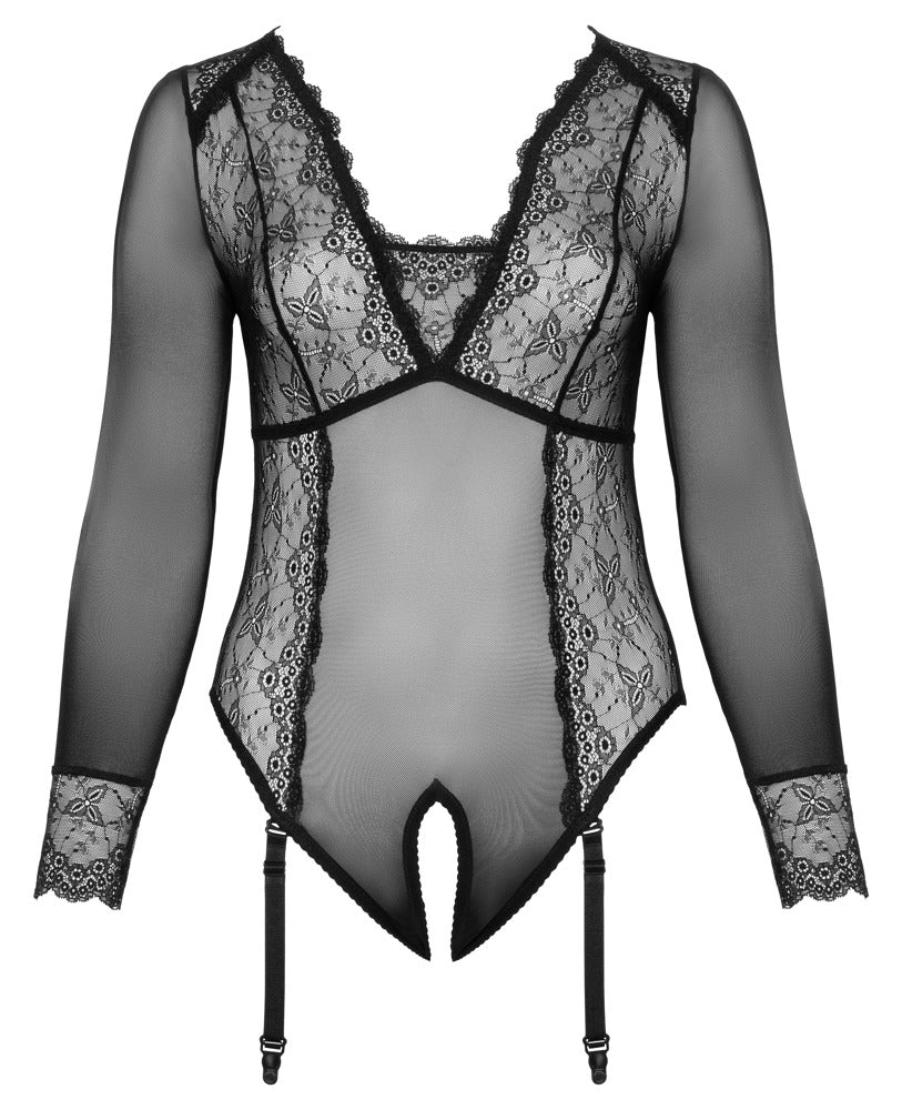 Cottelli transparenter Langarm-Body aus Powernet und Spitze, ouvert