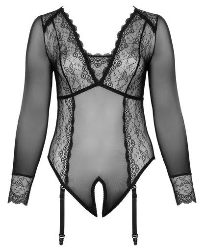 Cottelli transparenter Langarm-Body aus Powernet und Spitze, ouvert