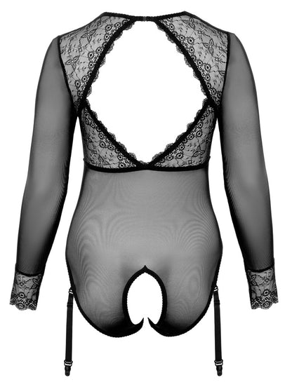 Cottelli transparenter Langarm-Body aus Powernet und Spitze, ouvert