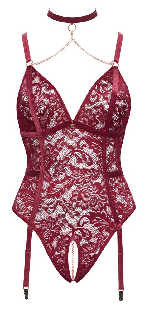 Cottelli Straps-Body aus Spitze mit Halsband, ouvert, Rot