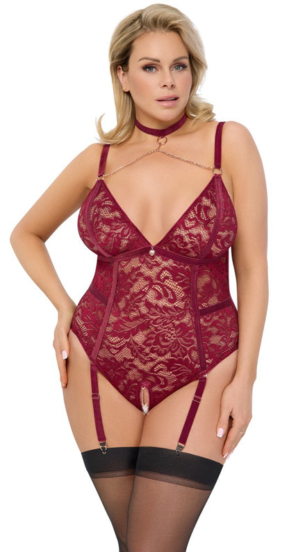 Cottelli Straps-Body aus Spitze mit Halsband, ouvert, Rot