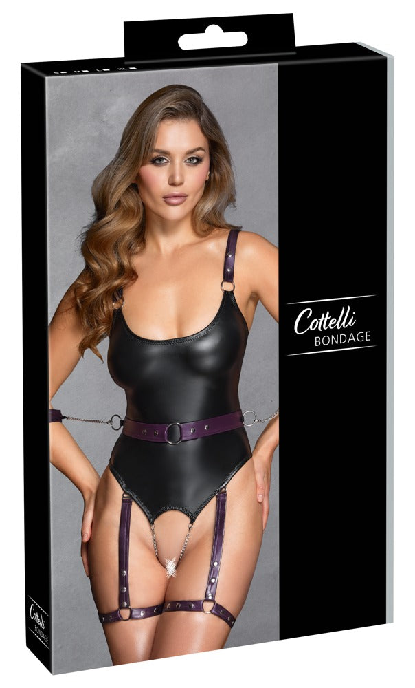 Cottelli Bondage-Body ouvert mit Schenkel-Harness und Soft-Armfesseln