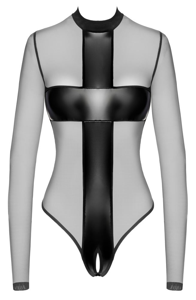 NOIR Langarm-Body ouvert mit Wetlook-Streifen