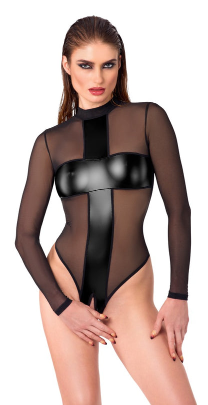 NOIR Langarm-Body ouvert mit Wetlook-Streifen