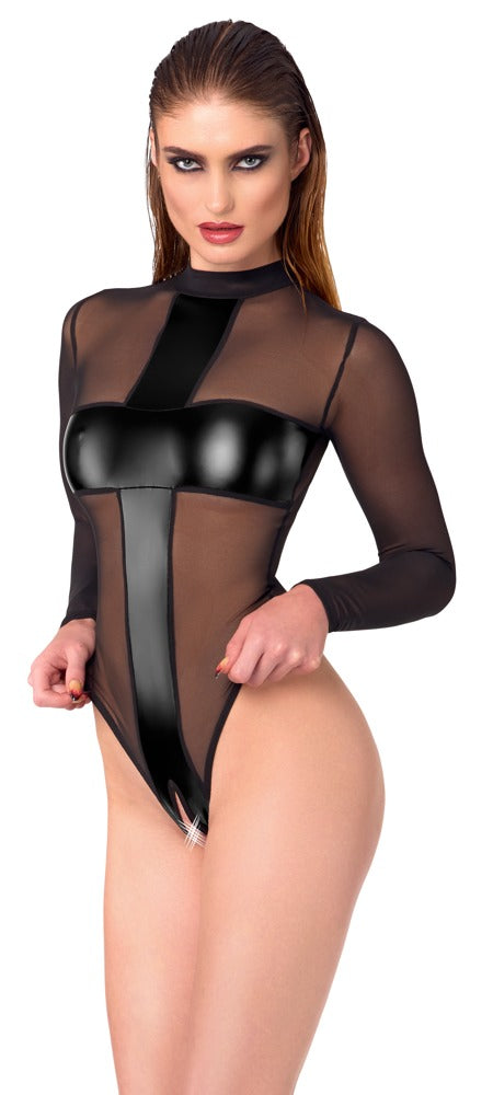 NOIR Langarm-Body ouvert mit Wetlook-Streifen