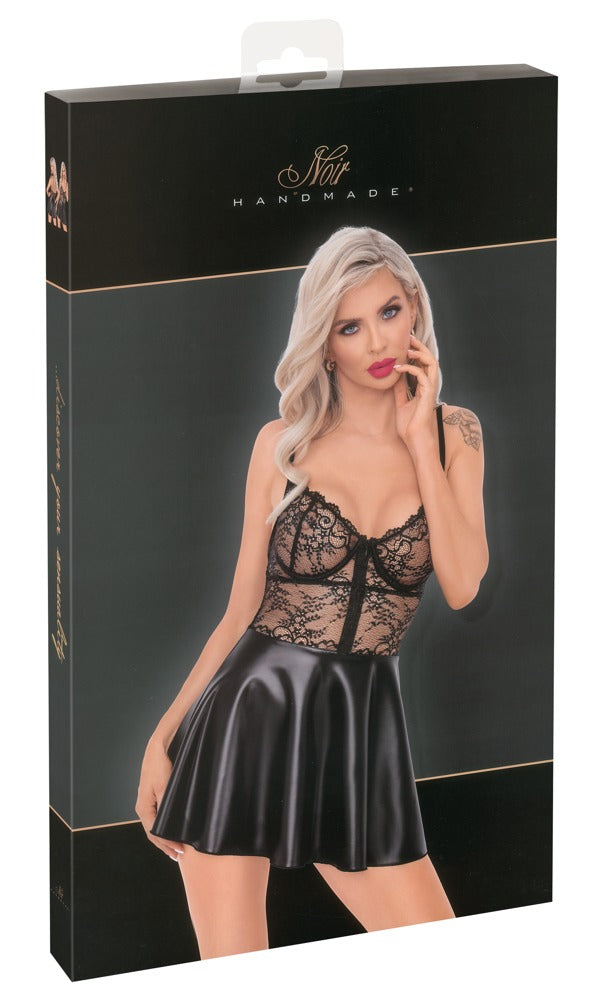 NOIR Wetlook-Kleid mit Spitzenoberteil
