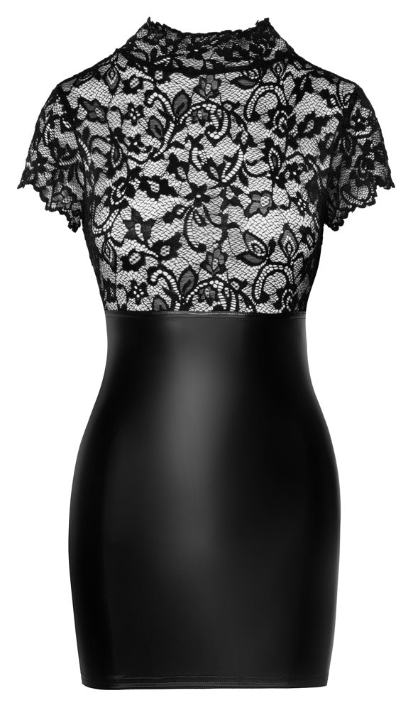 NOIR Wetlook-Kleid mit Spitze und Stehkragen