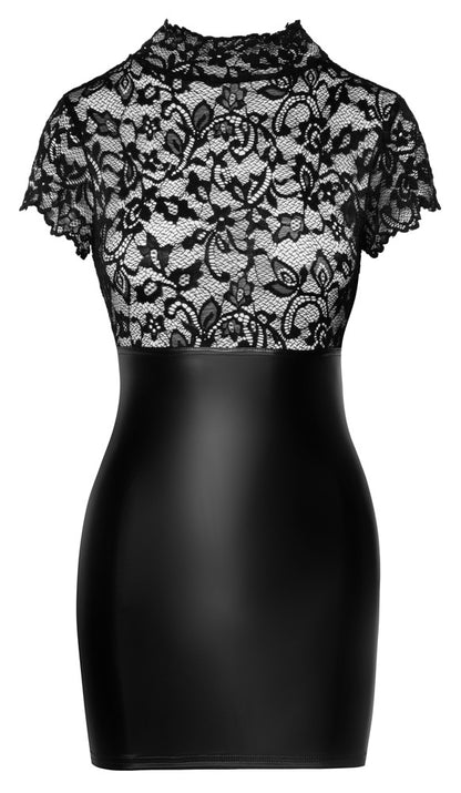 NOIR Wetlook-Kleid mit Spitze und Stehkragen