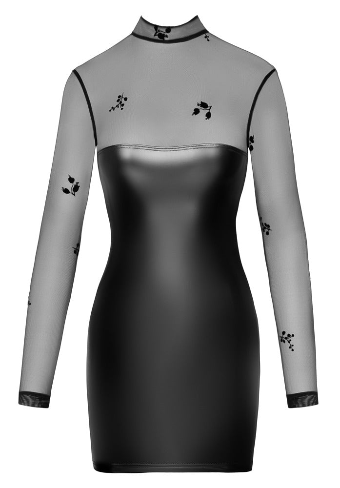 NOIR Wetlook-Langarmkleid mit Flockprint
