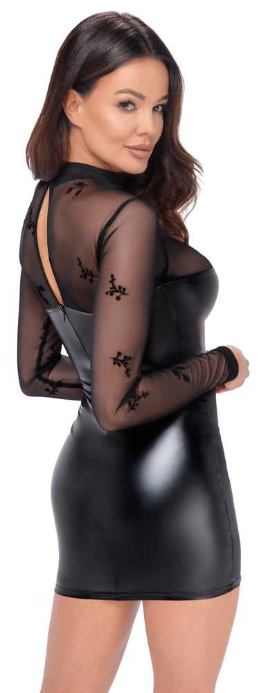 NOIR Wetlook-Langarmkleid mit Flockprint