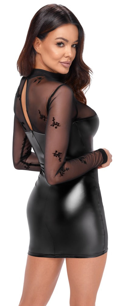 NOIR Wetlook-Langarmkleid mit Flockprint