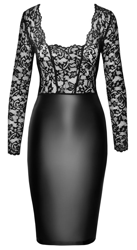 NOIR Wetlook-Kleid mit Spitzenoberteil, knielang