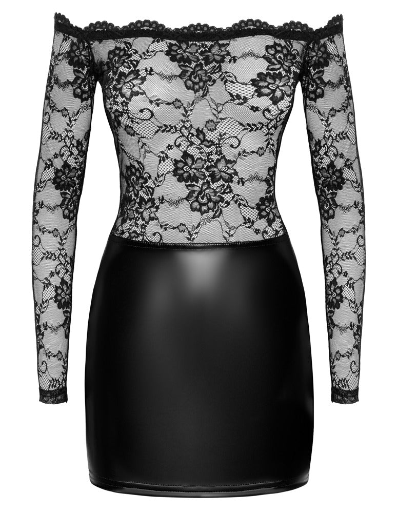 NOIR Wetlook-Langarmkleid mit Spitze