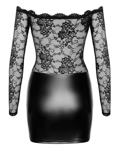 NOIR Wetlook-Langarmkleid mit Spitze
