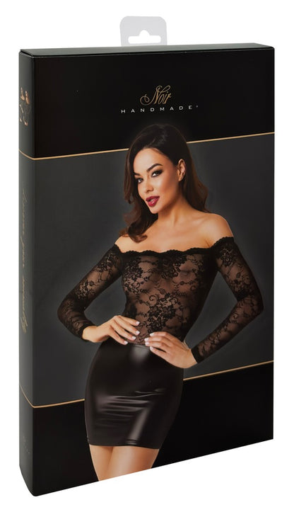 NOIR Wetlook-Langarmkleid mit Spitze