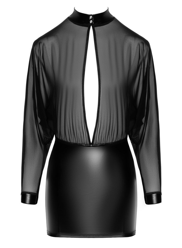 NOIR Wetlook-Langarmkleid mit Tüll-Oberteil