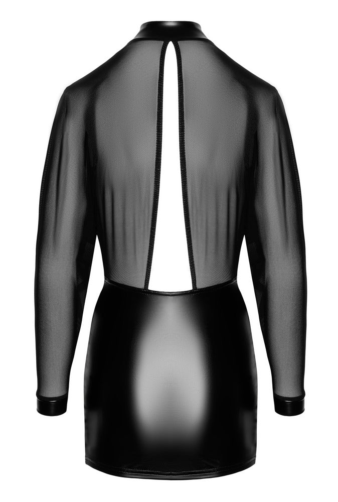 NOIR Wetlook-Langarmkleid mit Tüll-Oberteil