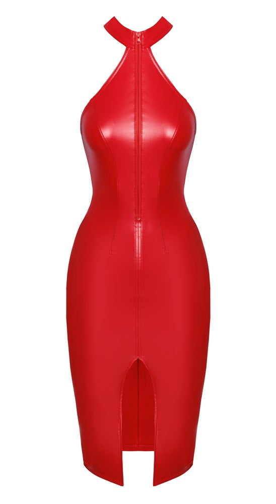 NOIR Wetlook-Kleid in Rot mit Stehkragen