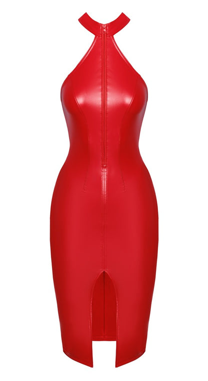 NOIR Wetlook-Kleid in Rot mit Stehkragen