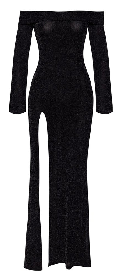 NOIR langes Glitzer-Kleid mit Carmen-Ausschnitt