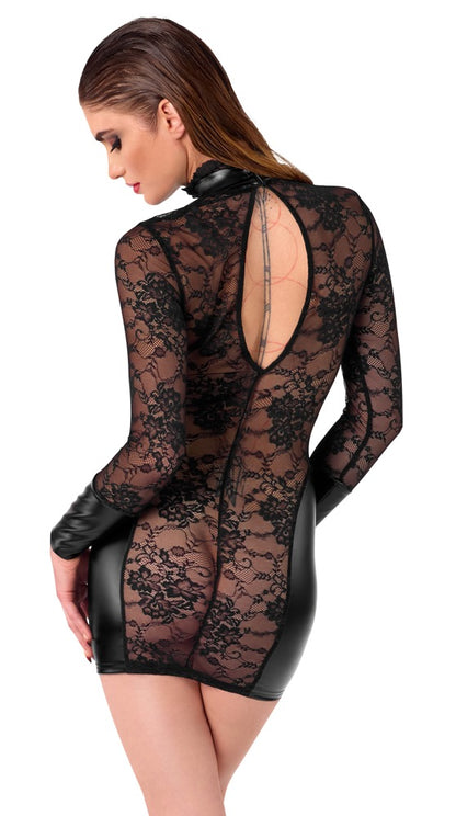 NOIR Wetlook-Minikleid mit Blütenspitze