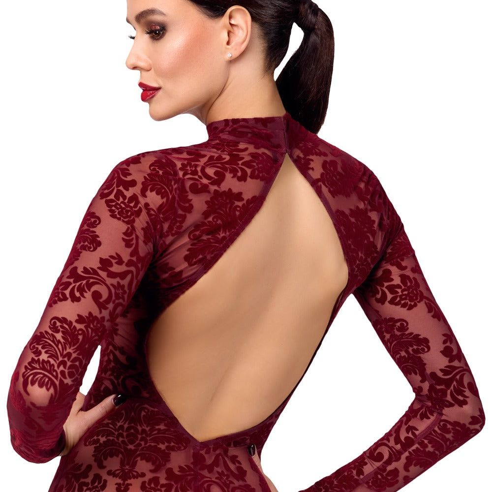 NOIR langes Kleid in Burgund mit Flockprint