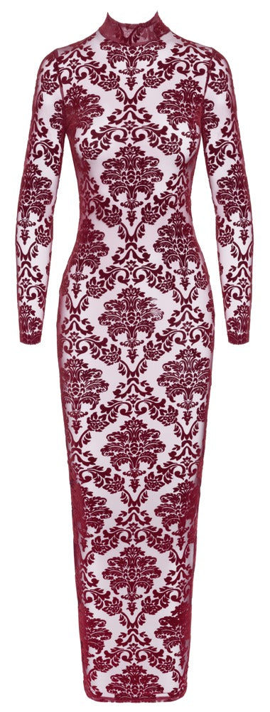 NOIR langes Kleid in Burgund mit Flockprint