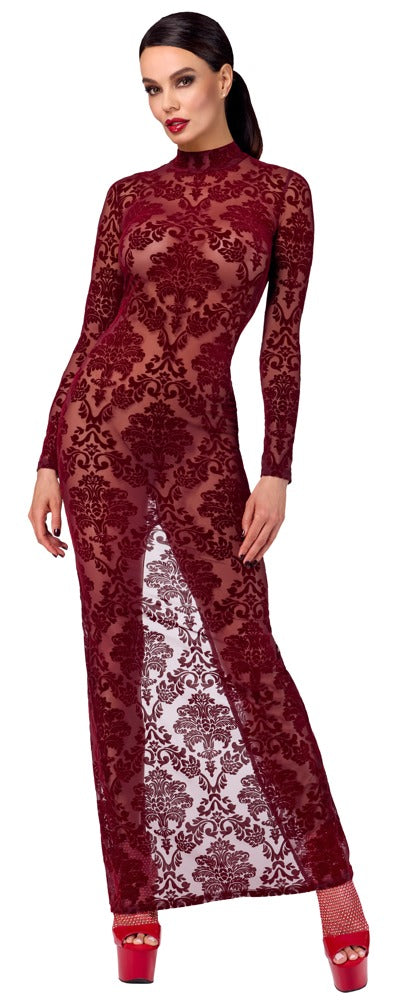 NOIR langes Kleid in Burgund mit Flockprint