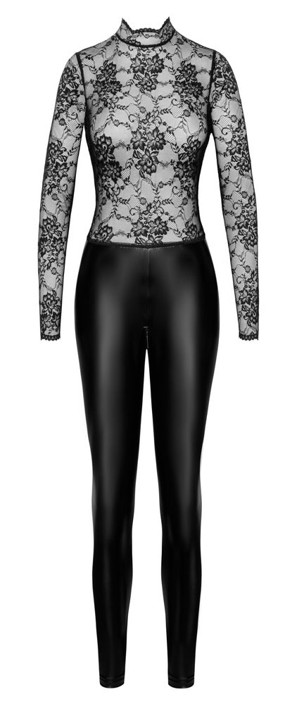 NOIR Wetlook-Overall mit Spitzenoberteil