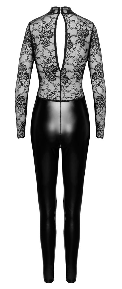 NOIR Wetlook-Overall mit Spitzenoberteil