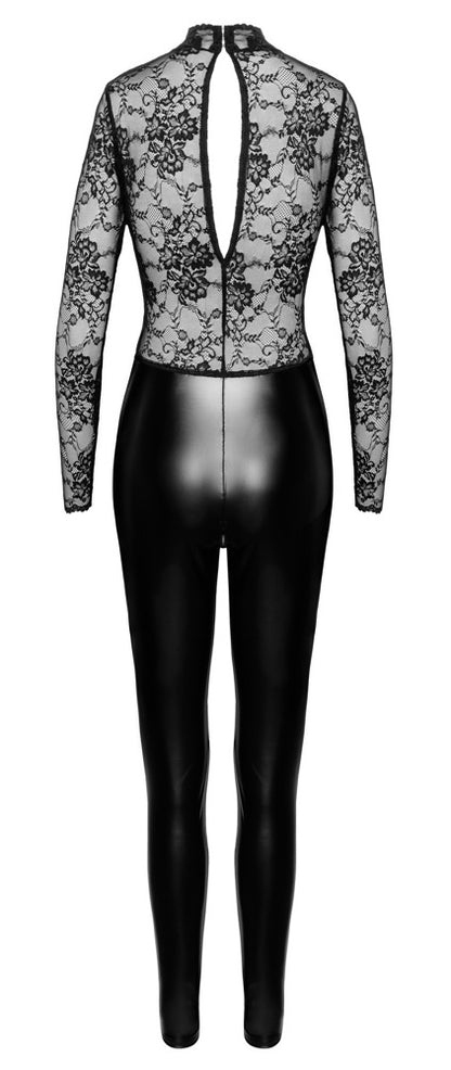 NOIR Wetlook-Overall mit Spitzenoberteil