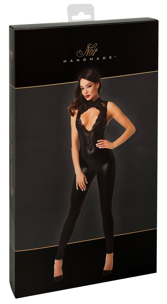NOIR Wetlook-Overall mit Spitzenoberteil