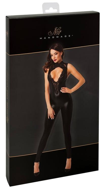 NOIR Wetlook-Overall mit Spitzenoberteil