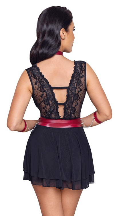 Cottelli Bondage-Babydoll aus Spitze und Powernet mit Halsband