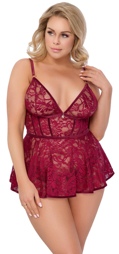 Cottelli Babydoll und Slip aus Spitze mit Herz-Anhängern, Rot