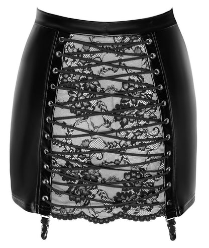NOIR Wetlook-Minirock mit Spitzeneinsatz