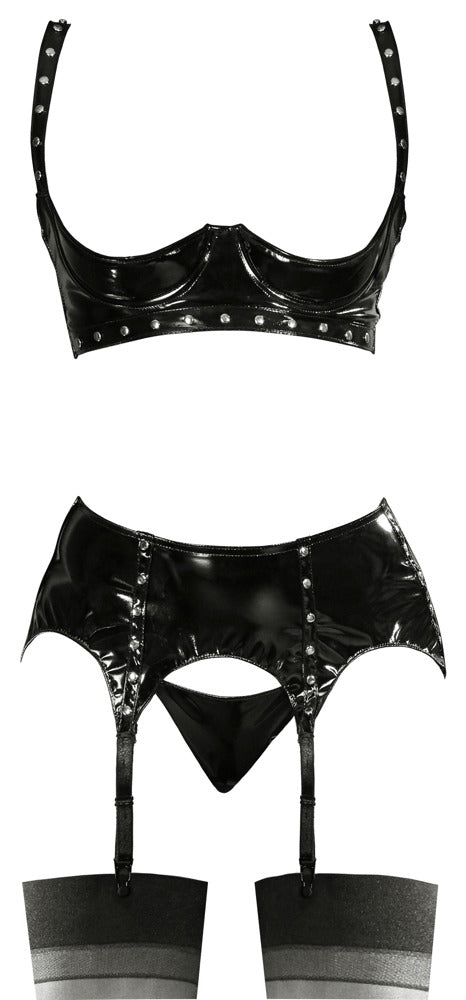 BLACK LEVEL Lack-Set mit Hebe-BH, Strapsgurt & String