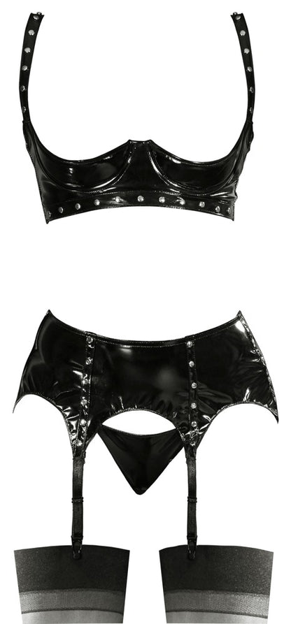BLACK LEVEL Lack-Set mit Hebe-BH, Strapsgurt & String