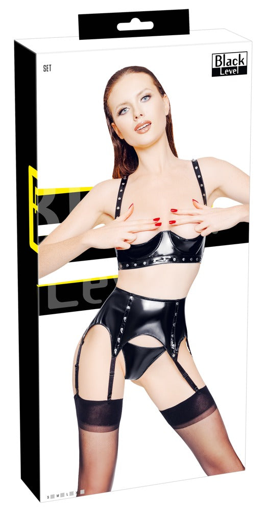 BLACK LEVEL Lack-Set mit Hebe-BH, Strapsgurt & String