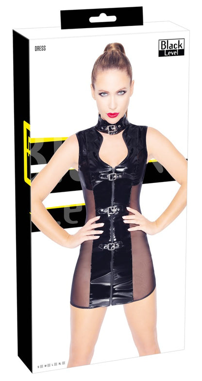 BLACK LEVEL Lack-Kleid mit Schnallen und Netz