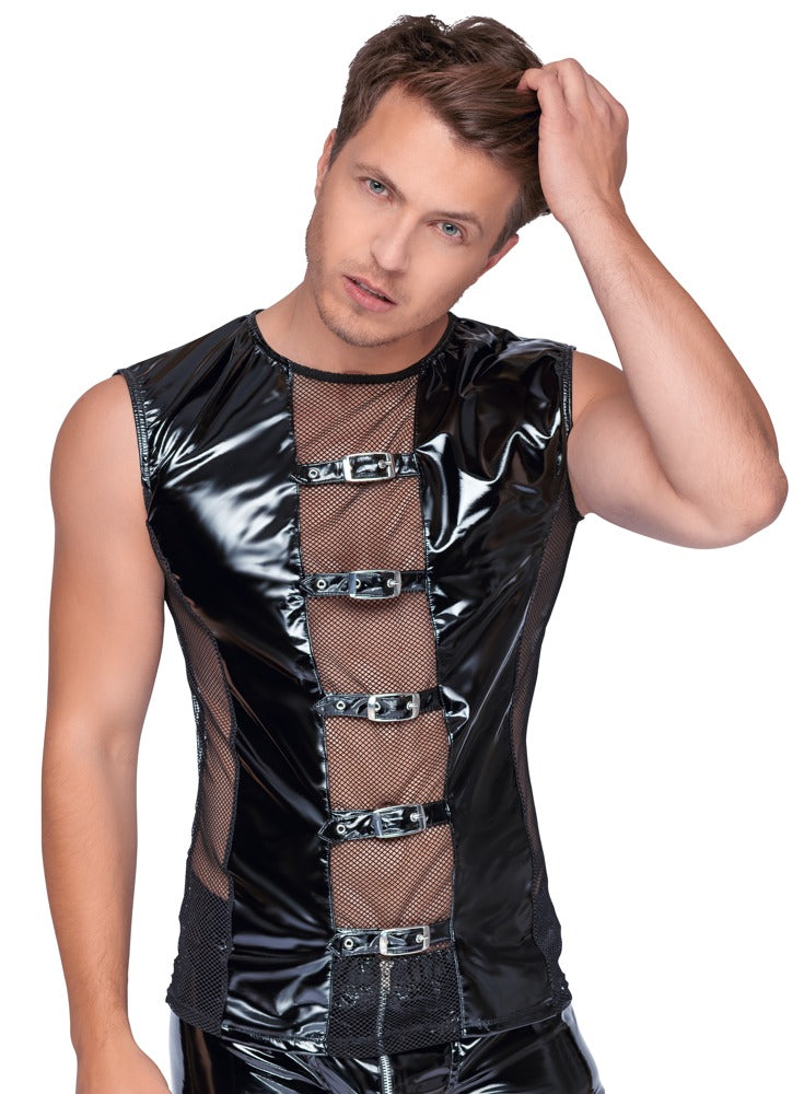 BLACK LEVEL Lack-Herren-Shirt mit Netz, ärmellos