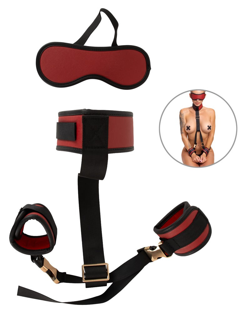 Bad Kitty Neck-to-Wrist-Bondage mit Augenmaske, rot/schwarz